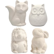 Tirelire, hibou, renard, hérisson, lièvre, H : 9-10 cm, blanc, 4 pièces/ 1 Pq.