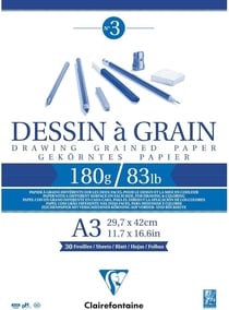 Bloc de dessin Clairefontaine - Papier dessin à grain - 96622C - Blanc - A3 29,7 x 42 cm 180g - 30 feuilles