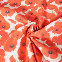 Tissu Toile de Coton aspect lin Coquelicot rouge sur fond Naturel