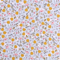 Tissu Popeline Imprimé LittleBird Flamants roses et fleurs moutarde et roses sur fond Bleu ciel