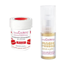 Colorant alimentaire Rouge + Poudre alimentaire irisée dorée
