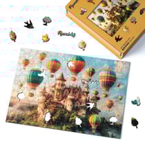 Puzzle en Bois Adulte et Enfant Figured'Art 200 pièces - Château et Montgolfières - Design Original 32x22 cm Forme Unique avec Coffret en bois Premium, Parfait pour Offrir en Cadeau