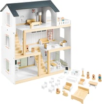 Mamabrum Maison de Poupées en Bois avec Grande Terrasse 4 Figurines, 3 Etages, 2 Chambres, Cuisine, Salon & 19 Pièces Mobiles (CE)