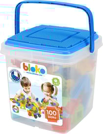 BLOKO – Baril de Rangement de 100 avec 1 Plaque de Jeu (Bleu) – Dès 12 Mois – Fabriqué en Europe – Jouet de Construction 1er âge – 503552