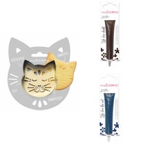 Kit pour biscuit en relief Chat + 2 Stylos au chocolat marron et bleu nuit