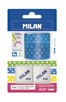 Blister taille-crayons DUET Look bleu + 2 gommes 430