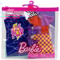 Coffret 2 tenues mode : jupe a carreaux et top + robe bleue + bottes pour poupee barbie - vetement - habit - mattel - hbv69