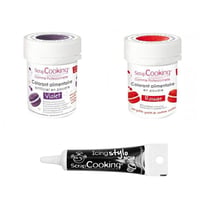 2 colorants alimentaires rouge-violet + Stylo glaçage noir