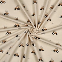 Tissu Jersey Coton Bio Nathan petits tracteurs sur fond Naturel