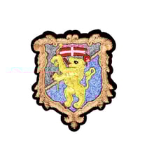 Patch blason lion, armoiries, écusson brodé de fils dorés, 9 cm, Made in France