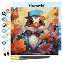 Mini Peinture par Numéros Figured'Art 20x20cm avec cadre Oiseau en smoking fantaisie et fleurs - Petit Format