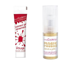 Gel colorant alimentaire rouge 20 g + Poudre alimentaire irisée dorée