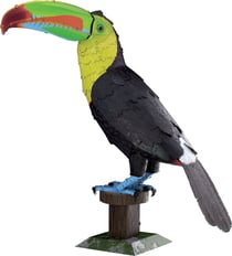 MetalEarth Animaux: TOUCAN 8,7x8,7x13,5cm, maquette 3D en métal avec 3 feuilles, sur carte 12x17cm, 14+