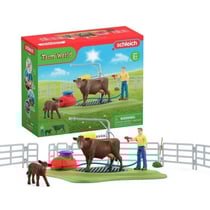 Station de lavage pour vache, Coffret de jeu avec 1 figurine de vache, 1 veau et 1 figurine humaine - 42529 FARM WORLD