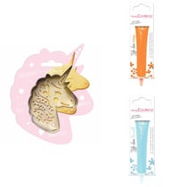 Kit pour biscuit en relief Licorne + 2 Stylos au chocolat orange et bleu pastel