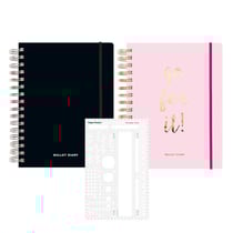2 agendas Bullet journal rose et noir à spirales 96 feuilles + Pochoir basic