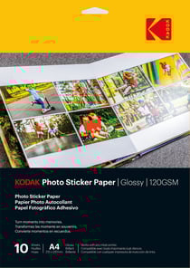KODAK Photo Sticker Paper - Pack de 10 feuilles de papier photo autocollant - Format 21 x 29.7 cm (A4) - Finition brillante - 120 gsm - Compatible avec imprimantes jet d'encre