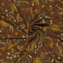 Tissu jersey viscose imprimé motifs Fleuris sur fond Marron