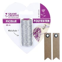 Bobine de ficelle métallisée argent 25 m + 20 étiquettes kraft Fanion