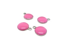 4 breloques rondes 10mm émaillées rose - base en acier inoxydable