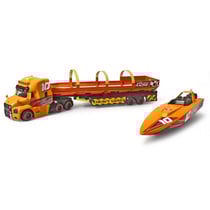 Camion de transport bateau de course mack truck 41 cm sons et lumiere - dickie toys - vehicule et remorque