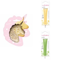 Kit pour biscuit en relief Licorne + 2 Stylos au chocolat jaune pastel et vert clair