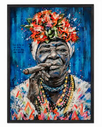 Affiche d'art encadrée portrait cubain — Cuba Azul — Tableau déco mural — Calbarracin — cadre bois — 70 x 50 cm