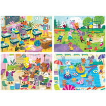 4 puzzles progressifs les animaux : a l'ecole - a la piscine - en cours de musique - au parc 20 - 40 - 60 - 80 pieces - educa 18904