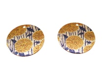 2 Breloques rondes pailletées 20mm imprimé fleur doré jaune bleu