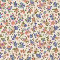 Tissu Coton imprimé Liberty Garden fleurs Roses et Bleues sur fond Ecru