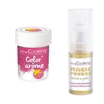 Colorant alimentaire rose arôme framboise + Poudre alimentaire irisée dorée