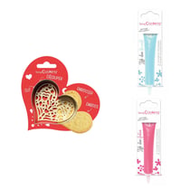 Kit pour biscuit en relief Coeur + 2 Stylos au chocolat bleu pastel et fuchsia