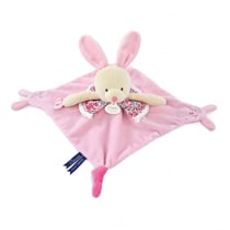 Doudou plat lapin rose avec marionnette à doigt - 30 cm