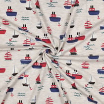 Tissu Jersey Coton mélangé Nolan petits bateaux sur fond Gris clair