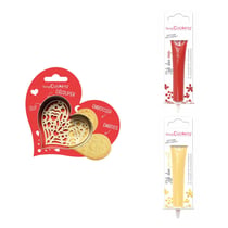 Kit pour biscuit en relief Coeur + 2 Stylos au chocolat rouge et jaune pastel