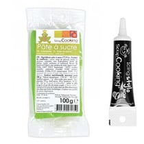 Pâte à sucre vert prairie 100 g + Stylo de glaçage noir