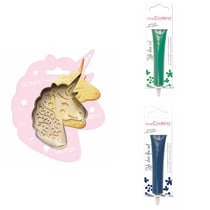 Kit pour biscuit en relief Licorne + 2 Stylos au chocolat vert et bleu nuit