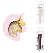 Kit pour biscuit en relief Licorne + 2 Stylos au chocolat blanc et marron