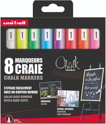 Uni-ball - Gamme CHALK MARKER - réf : PWE5M/8 PF - Marqueur craie pointe conique moyenne - Pochette de 8 - 1,8 - 2,5 mm - Blanc, Jaune fluo, bleu clair, violet, Orange fluo, Rouge, Rose fluo, Vert Fluo