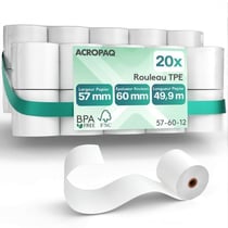20 Rouleaux de Caisse 57x60x12mm- Thermique 49,9 m-Terminaux de paiement- 20 Bobines TPE- Sans BPA- Dimension Universelle- ACROPAQ