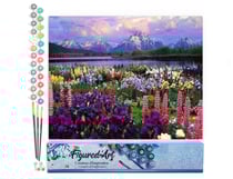 Peinture par Numéro Figured'Art - Fleurs et Lac au pied de la Montagne - Kit de Loisir Créatif DIY Numéro d'Art - 40x50cm sans châssis en bois
