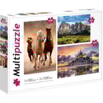 3 puzzles : montagne chaine des alpes 500 pieces + mont saint-michel + chevaux au galop 2 x 1000 pieces - clementoni 08107