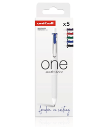 Uni-ball - Gamme ONE - réf : UMNS/07/5 PF ASS62 - Roller encre gel ONE 0,7 mm - Pochette de 5 - Couleurs Classiques N+B+R+V+BVT