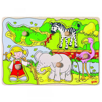 Puzzle en bois animaux du zoo 5 pieces - goki - puzzle a encastrer avec boutons - 57590