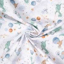 Tissu Coton imprimé digital Arty Ludidi dino dans l'espace sur fond Blanc
