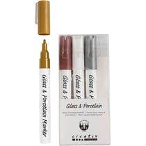 Feutre pour verre et porcelaine, trait 1-2 mm, semi opaque, brun, or, argent, blanc, 4 pièces/ 1 Pq.