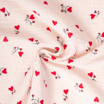 Tissu Double gaze de Coton Ilove coeurs rouges sur fond Rose pâle