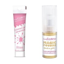 Gel colorant alimentaire rose + Poudre alimentaire irisée dorée
