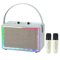 Enceinte Bluetooth Rétro Effet Lumineux Coloré Karaoke Double Microphone Cuir Gris YONIS