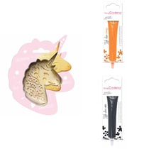 Kit pour biscuit en relief Licorne + 2 Stylos au chocolat orange et noir